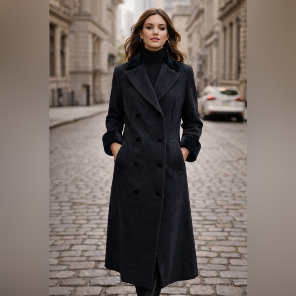 Liz Claiborne 100% Wool Long Coat Petite 12P Velvet Trim Double Breasted - Picture 17 of 17